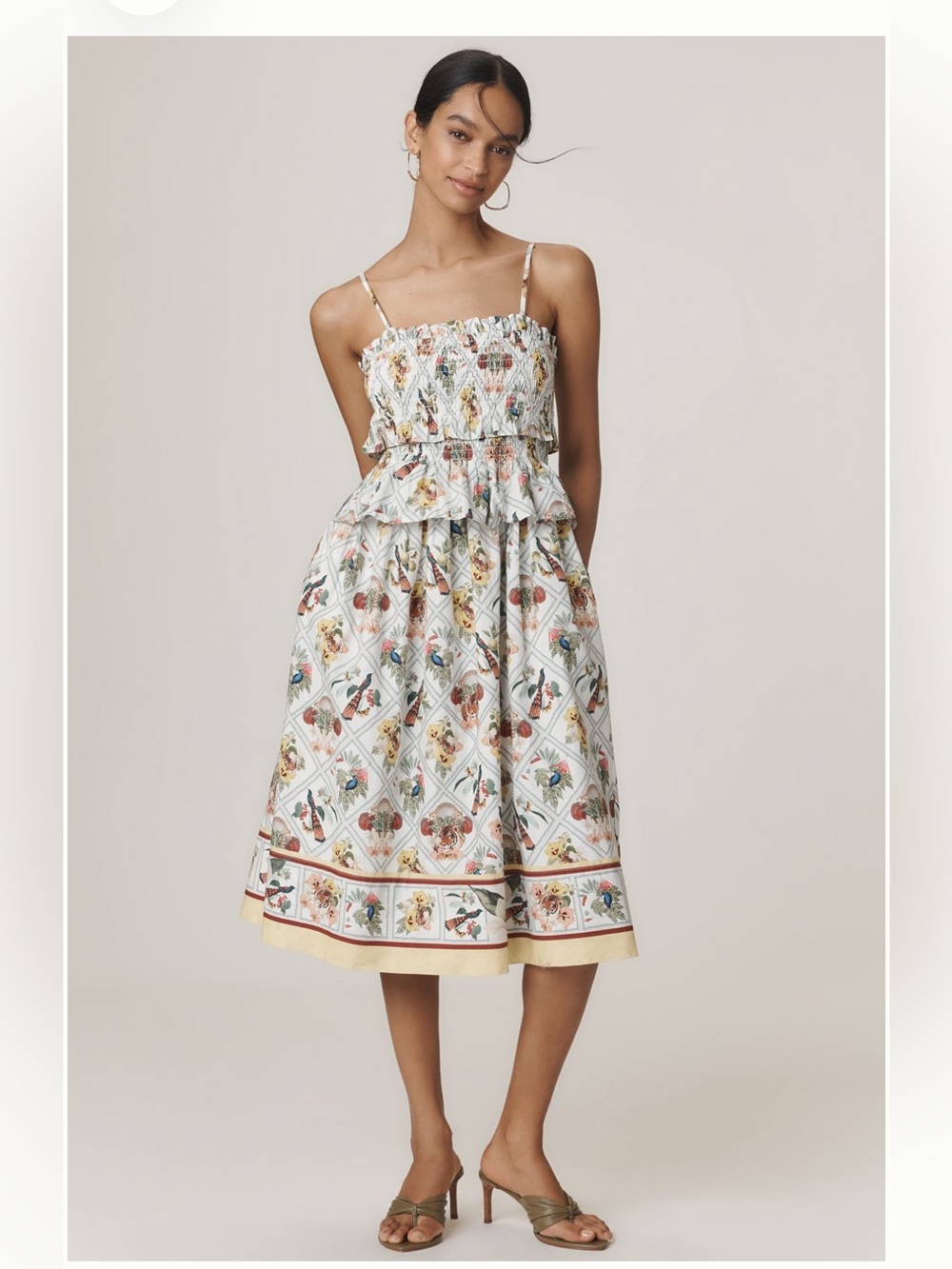 Anthropologie White Floral Smocked Midi Dress with Yellow Trim